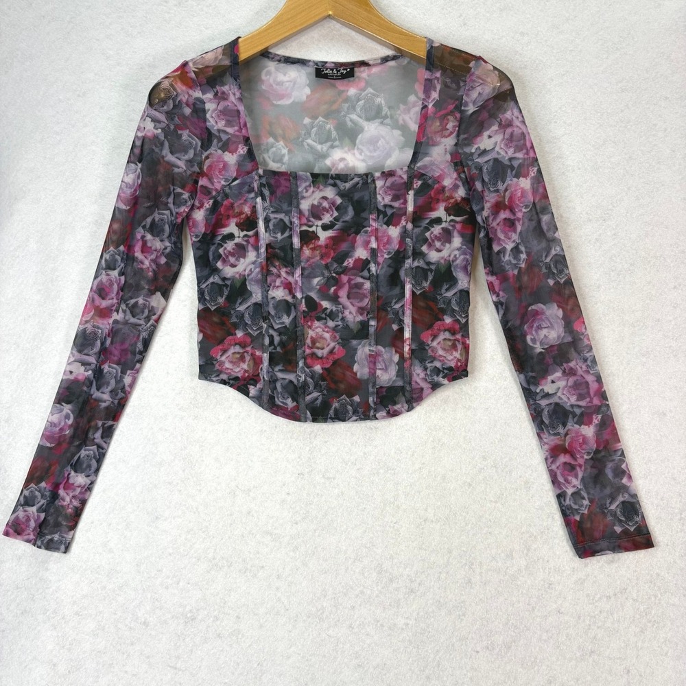 Jolie &β Joy Purple Floral Mesh Corset Style L/S Top Women L Romantic Fairy Date